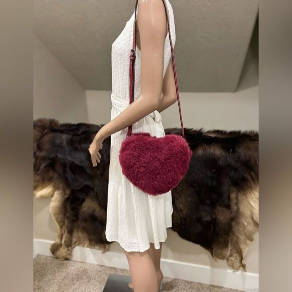 Maroon Handmade Dyed Genuine Shearling Heart Shaped & Fur Strap Bag, Crossbody - Picture 6 of 16